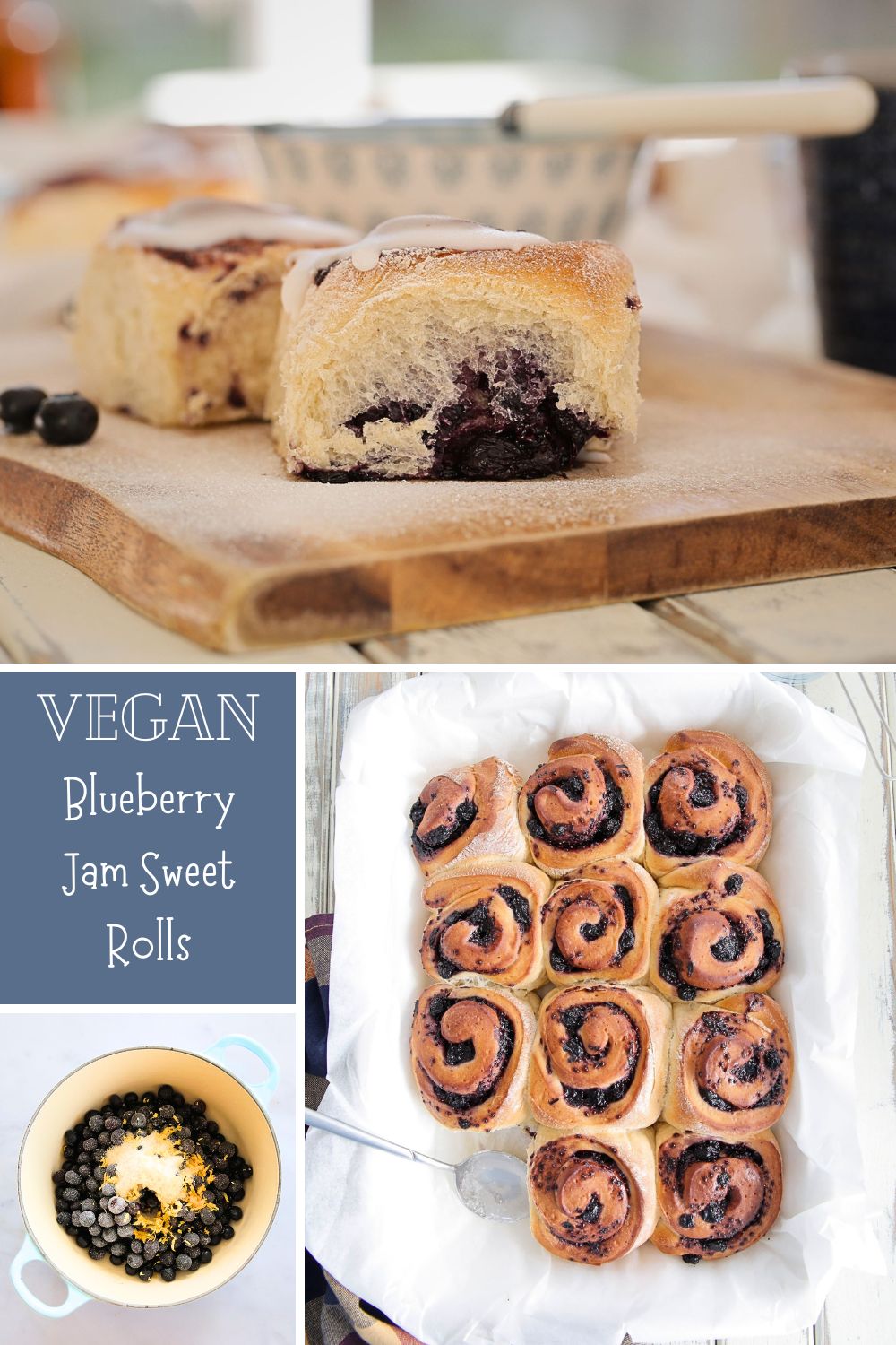 These blueberry jam sweet rolls are absolutely bursting with fruity, sweet, jammy flavour! The soft fluffy dough is swirled with the easiest homemade blueberry jam then baked to golden perfection before being topped with a vegan cream cheese frosting. Utterly delicious! #blueberryrolls #blueberryjam #homemadebread #sweetrolls #blueberrysweetrolls