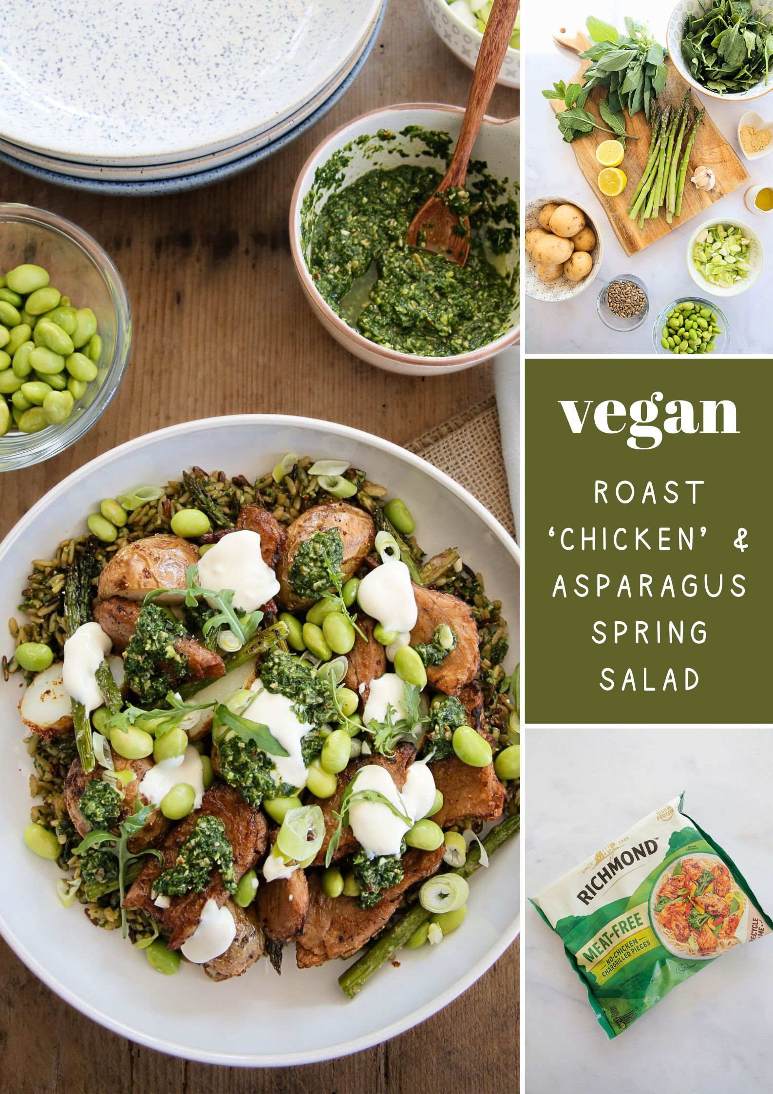 Bright, fresh spring salad with vegan roast chicken and asparagus and a spinach and herb pesto. So much flavour in every single bite! #springsalad #veganmeat #asparagus #veganrecipes