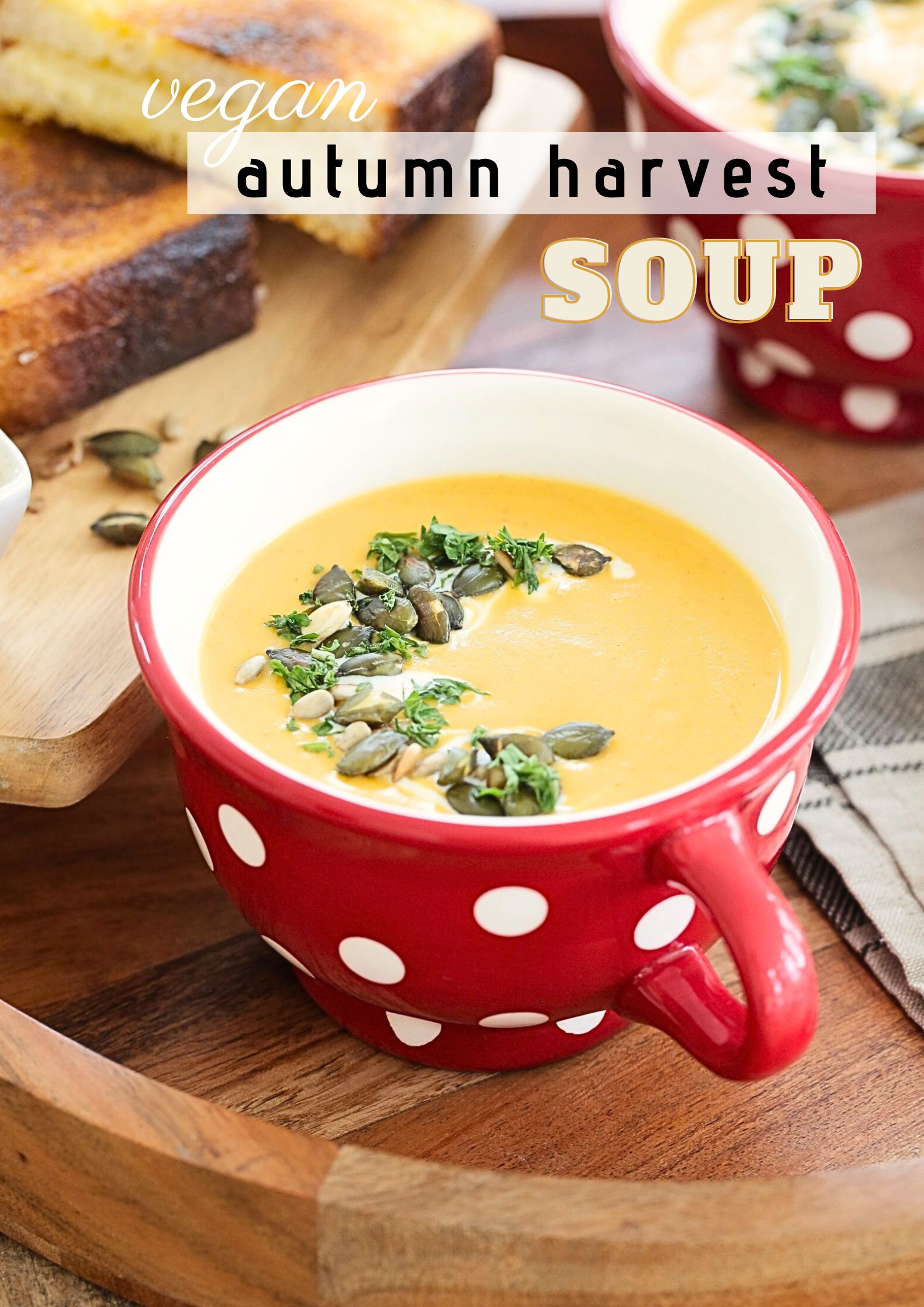 Time to get super cosy with this autumn harvest soup with toasted vegan cheese sandwiches! This vegan soup is packed with seasonal vegetables and warm spices to celebrate all the flavours of autumn and satisfy those comfort food cravings.