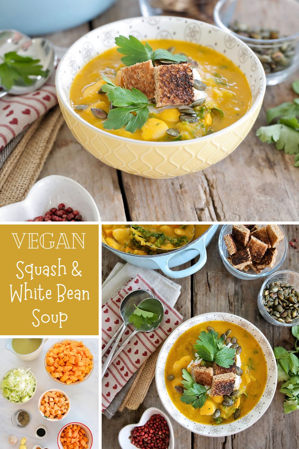 This squash and white bean soup is a delicious bowl of comfort to cosy up with! It's rich, creamy, warming and hearty and packed with flavour. Everything is cooked in one pan for an easy autumn or winter meal.