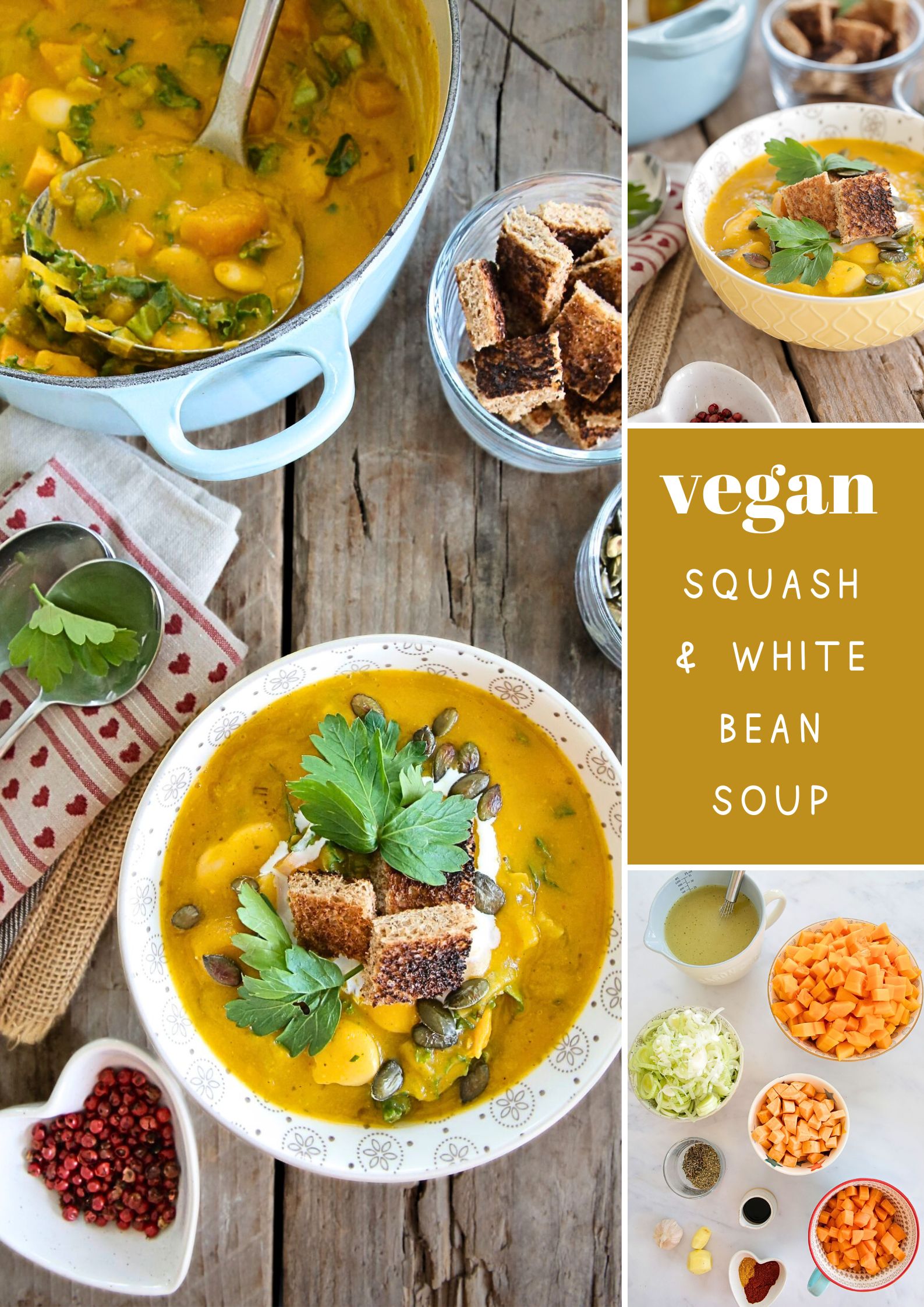 This squash and white bean soup is a delicious bowl of comfort to cosy up with! It's rich, creamy, warming and hearty and packed with flavour. Everything is cooked in one pan for an easy autumn or winter meal.