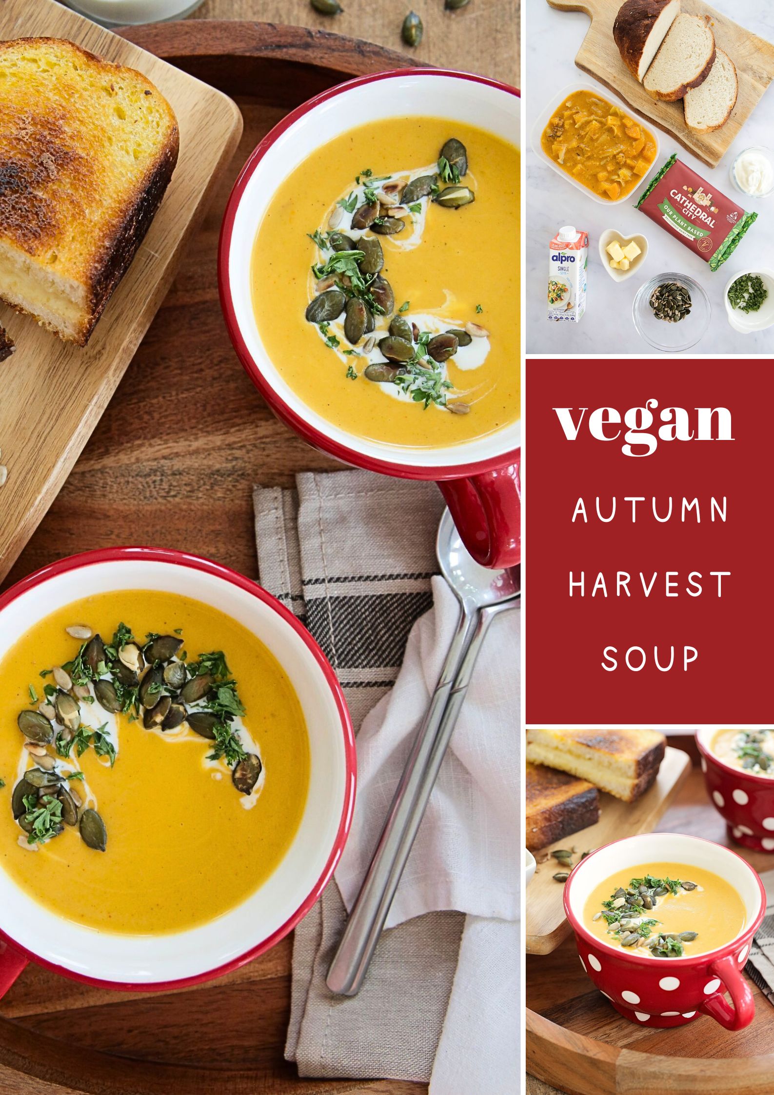 Time to get super cosy with this autumn harvest soup with toasted vegan cheese sandwiches! This vegan soup is packed with seasonal vegetables and warm spices to celebrate all the flavours of autumn and satisfy those comfort food cravings.