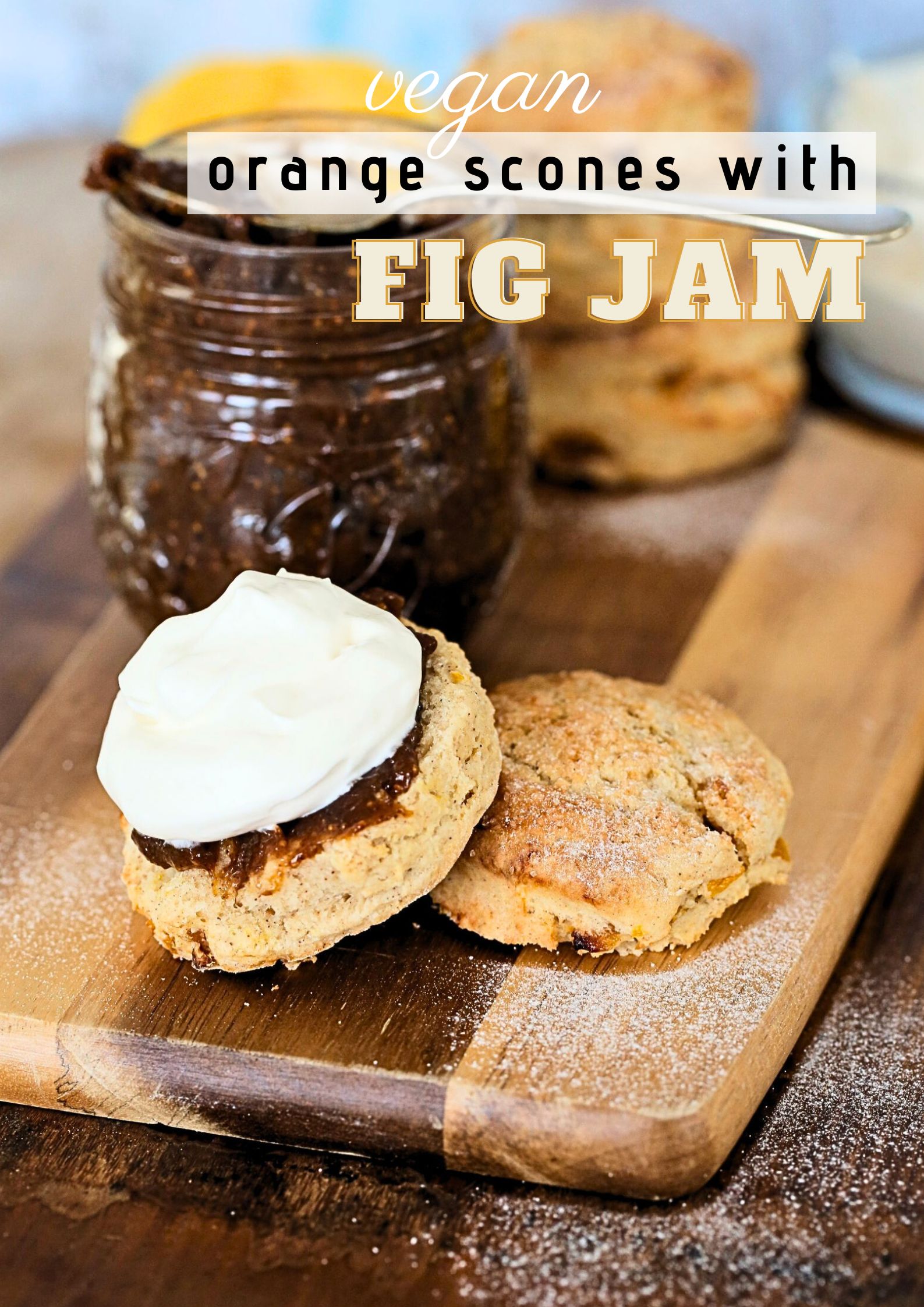 Soft apricot and orange scones with bright, zesty flavour. An easy scone recipe all made in one bowl with an equally easy spiced homemade fig jam. The scones are buttery with nuggets of dried apricot, the jam is sweet and tangy and compliments the scones perfectly. Serve with whipped vegan cream for a lovely afternoon tea treat!