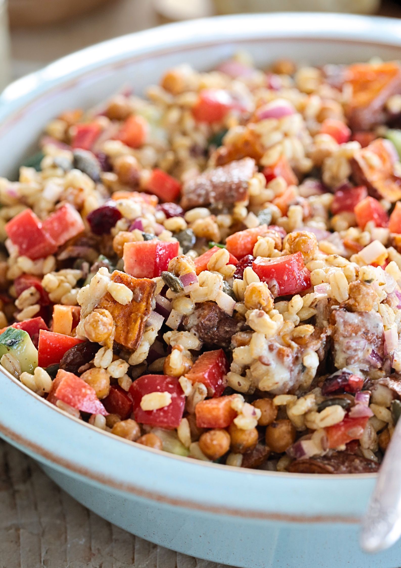 This vegan pearl barley winter salad is loaded with iron-rich ingredients all smothered in a lemony, sumac tahini dressing. It's perfect for meal prep lunches and is full of healthy flavour