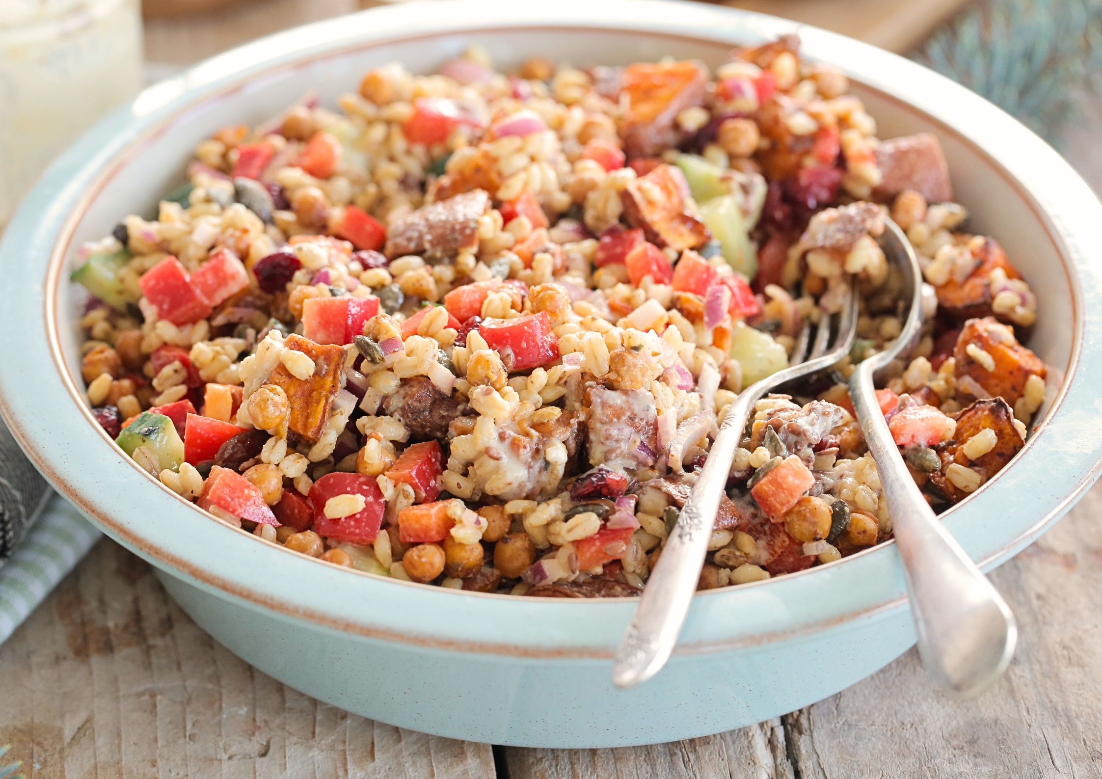 This vegan pearl barley winter salad is loaded with iron-rich ingredients all smothered in a lemony, sumac tahini dressing. It's perfect for meal prep lunches and is full of healthy flavour