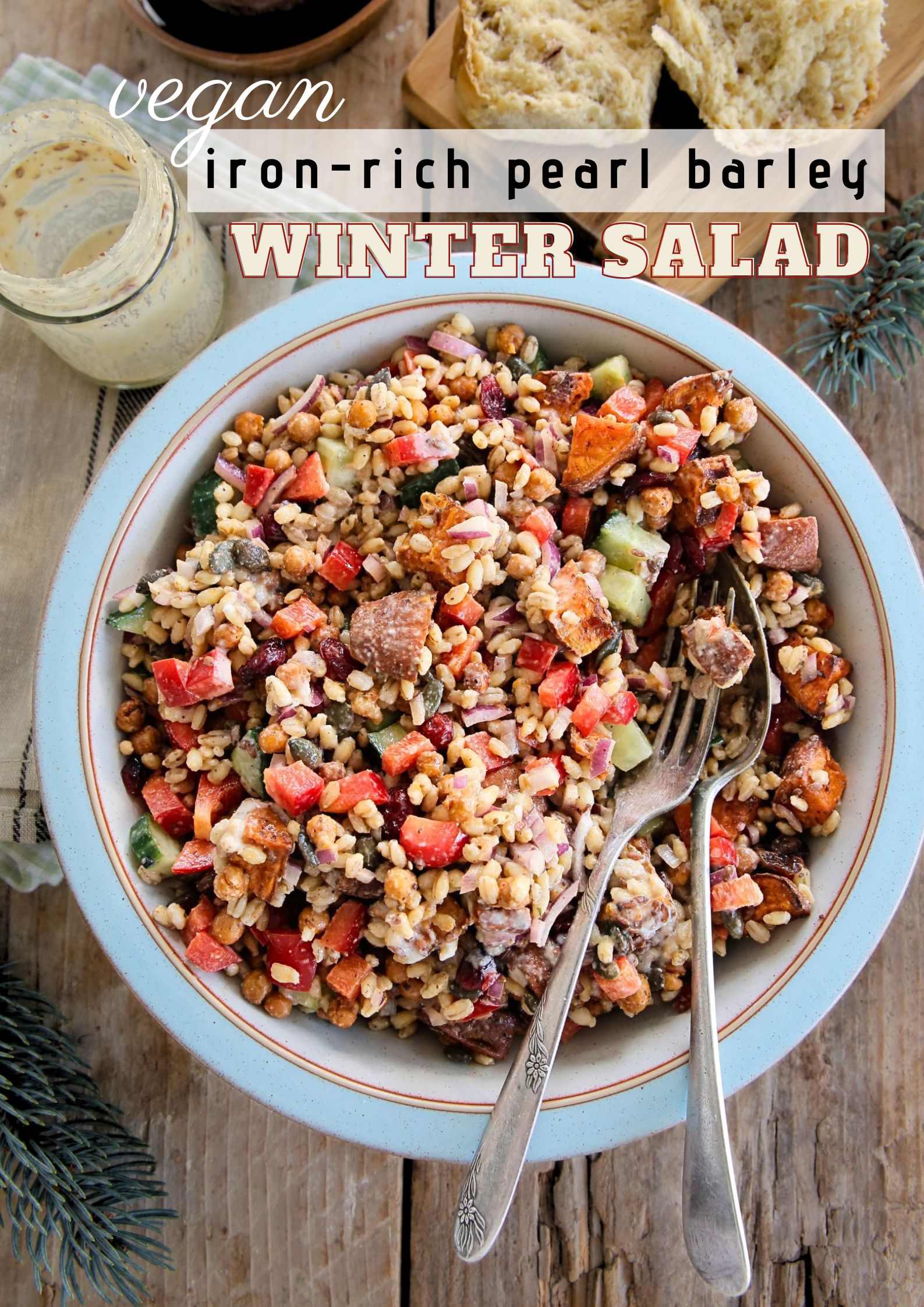 This vegan pearl barley winter salad is loaded with iron-rich ingredients all smothered in a lemony, sumac tahini dressing. It's perfect for meal prep lunches and is full of healthy flavour