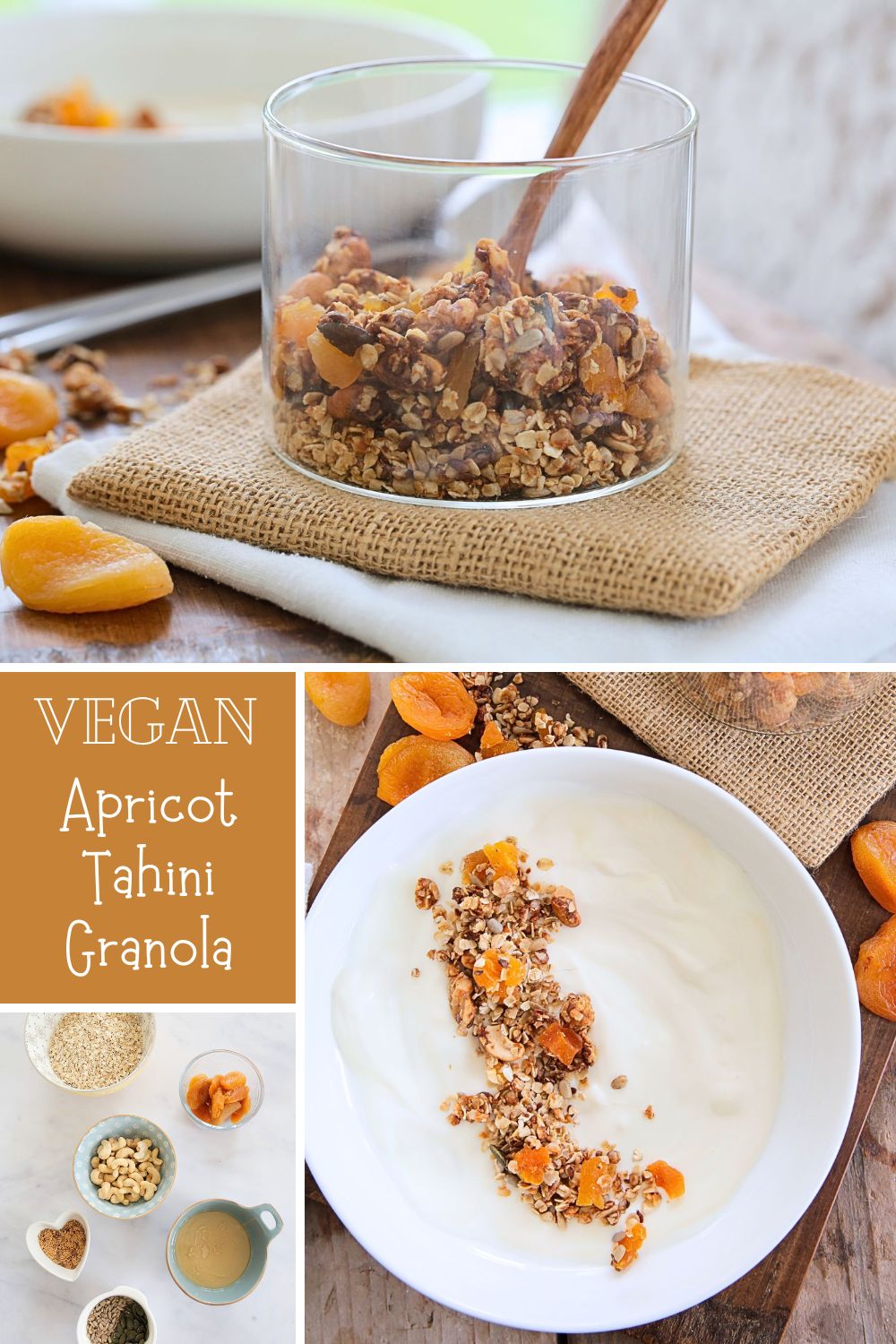 This apricot and tahini granola packed with rich, nutty flavour and naturally sweet dried fruit is totally vegan and gluten free. Perfect for sprinkling over yoghurt or porridge, enjoying with plant milk, or snacking straight from the jar. The blend of nuts, seeds, and oats makes it a nutritious choice as it's also refined sugar free, making it a guilt-free treat you can enjoy any time of day.