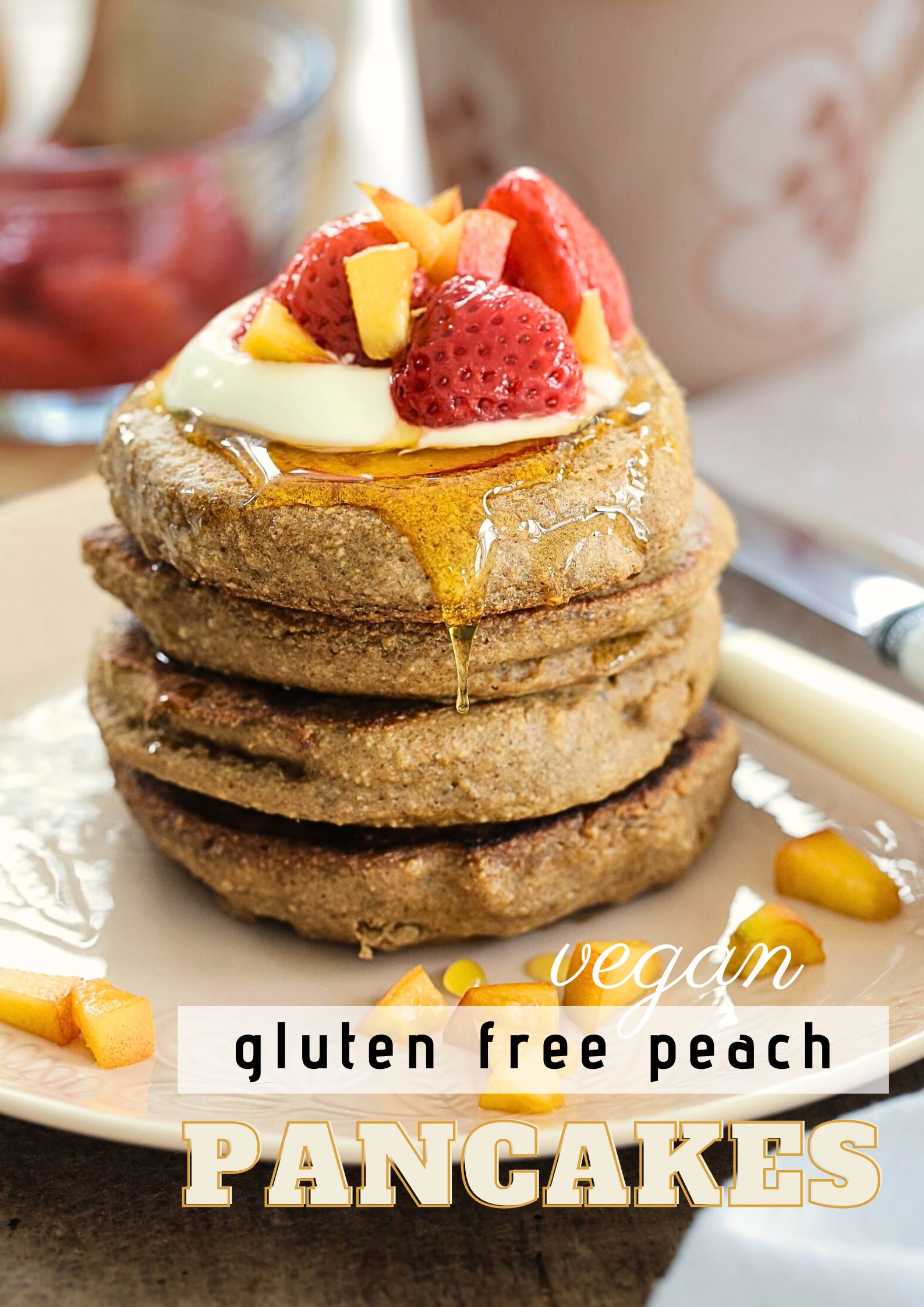 Gluten free vegan peach pancakes - light, fluffy, fruity and the perfect easy summer breakfast