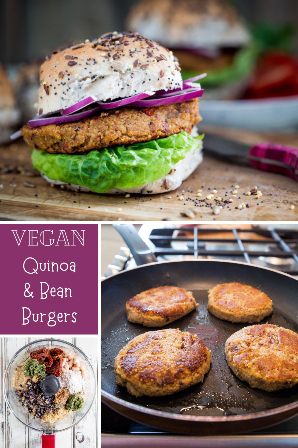 Tasty, healthy and gluten-free easy vegan bean burger recipe made with quinoa, cannellini beans and sun dried tomatoes. These burgers really pack in the flavour!