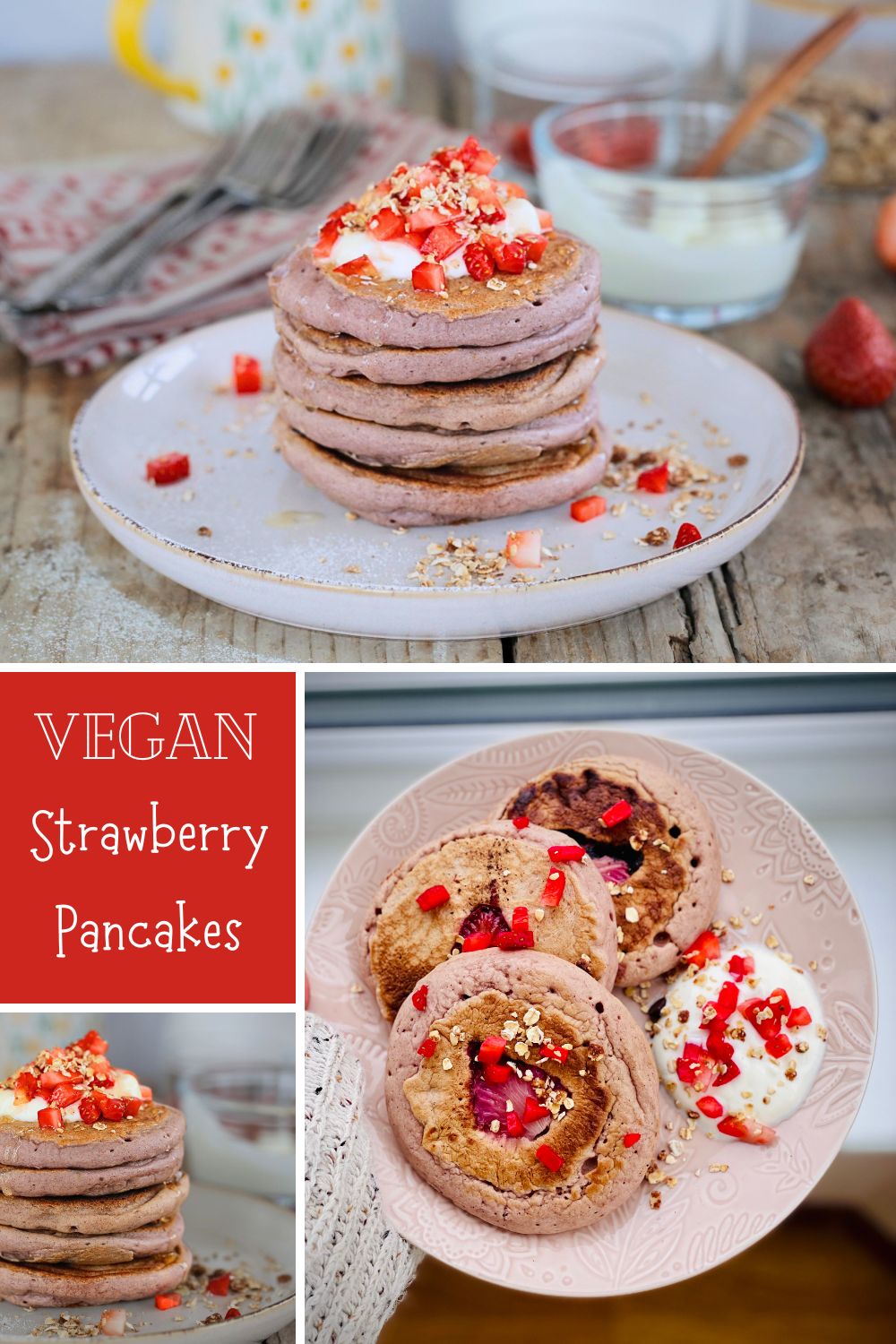 Worth getting out of bed for, these crisp, fluffy vegan strawberry pancakes are blended with fresh strawberries in the pancake batter as well as extra sliced strawberries added as you cook them. Serve with vegan yoghurt and a drizzle of maple syrup for a perfect plant based breakfast