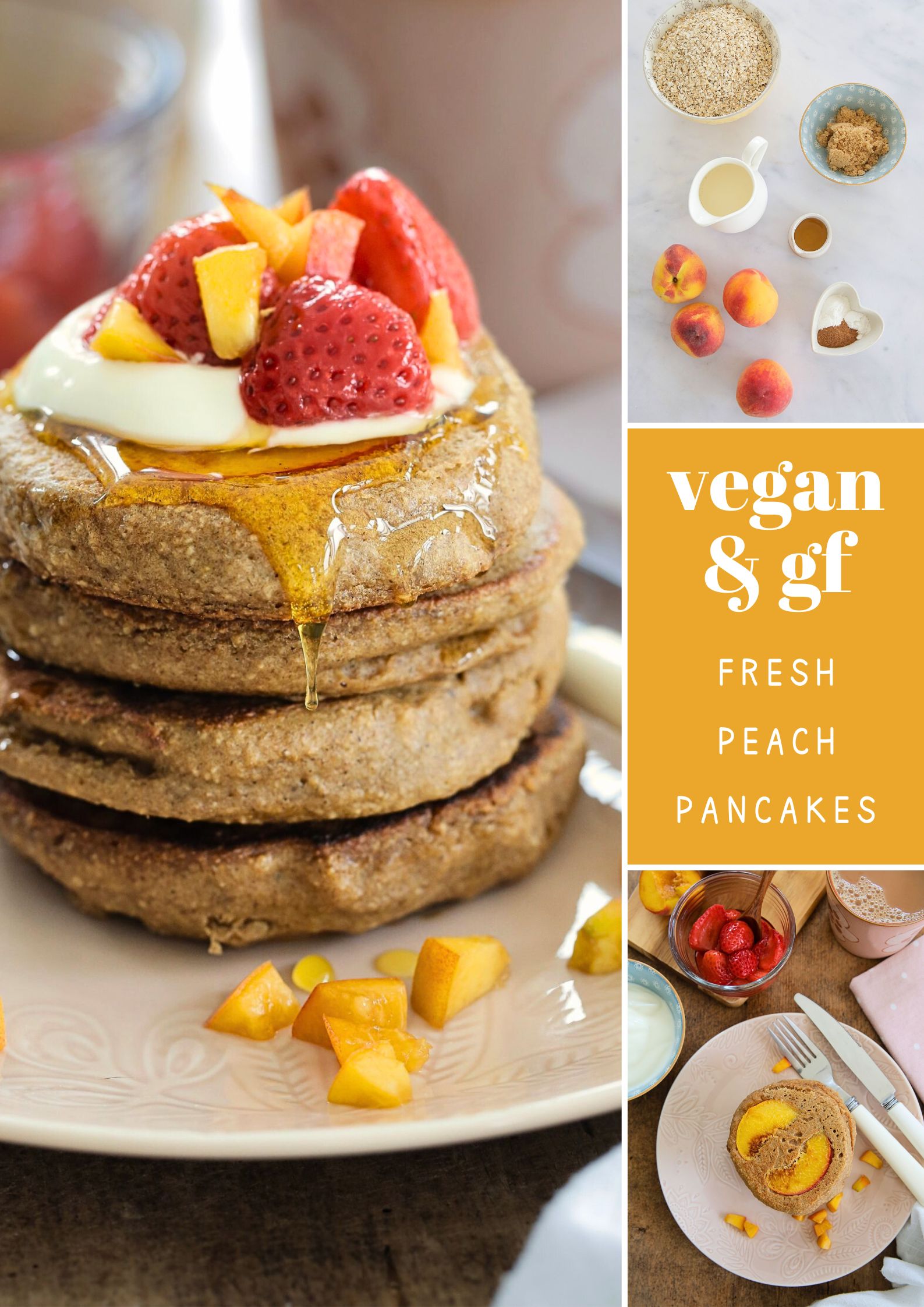 Gluten free vegan peach pancakes - light, fluffy, fruity and the perfect easy summer breakfast