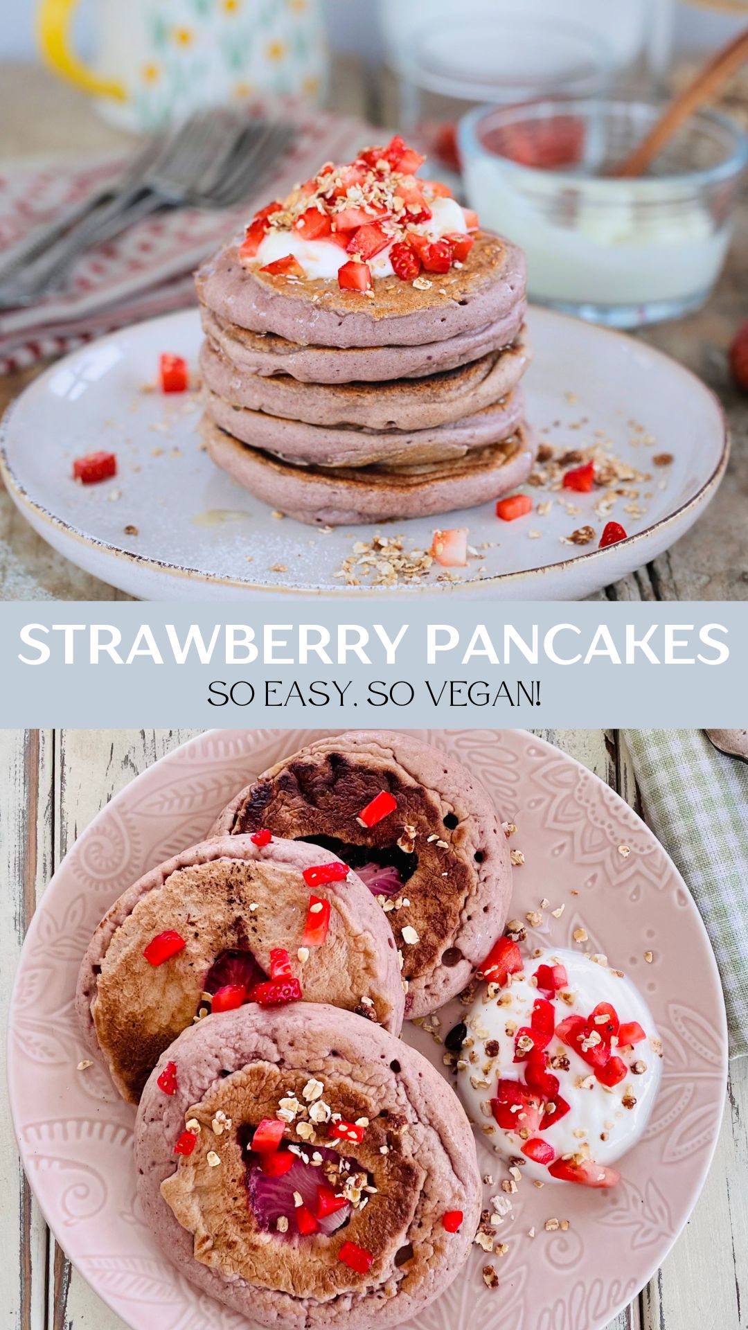 Worth getting out of bed for, these crisp, fluffy vegan strawberry pancakes are blended with fresh strawberries in the pancake batter as well as extra sliced strawberries added as you cook them. Serve with vegan yoghurt and a drizzle of maple syrup for a perfect plant based breakfast