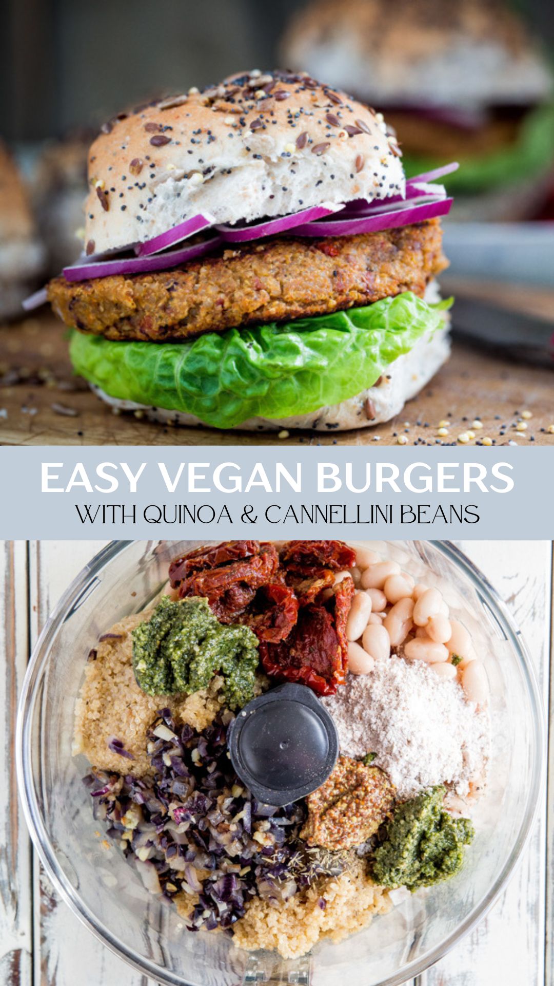 Tasty, healthy and gluten-free easy vegan bean burger recipe made with quinoa, cannellini beans and sun dried tomatoes. These burgers really pack in the flavour!