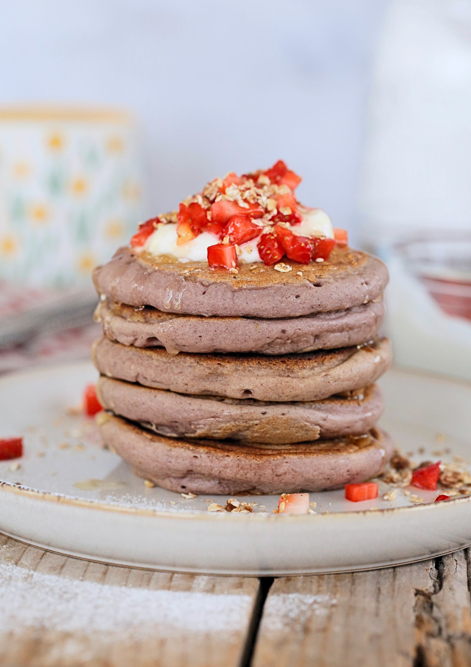 Worth getting out of bed for, these crisp, fluffy vegan strawberry pancakes are blended with fresh strawberries in the pancake batter as well as extra sliced strawberries added as you cook them. Serve with vegan yoghurt and a drizzle of maple syrup for a perfect plant based breakfast