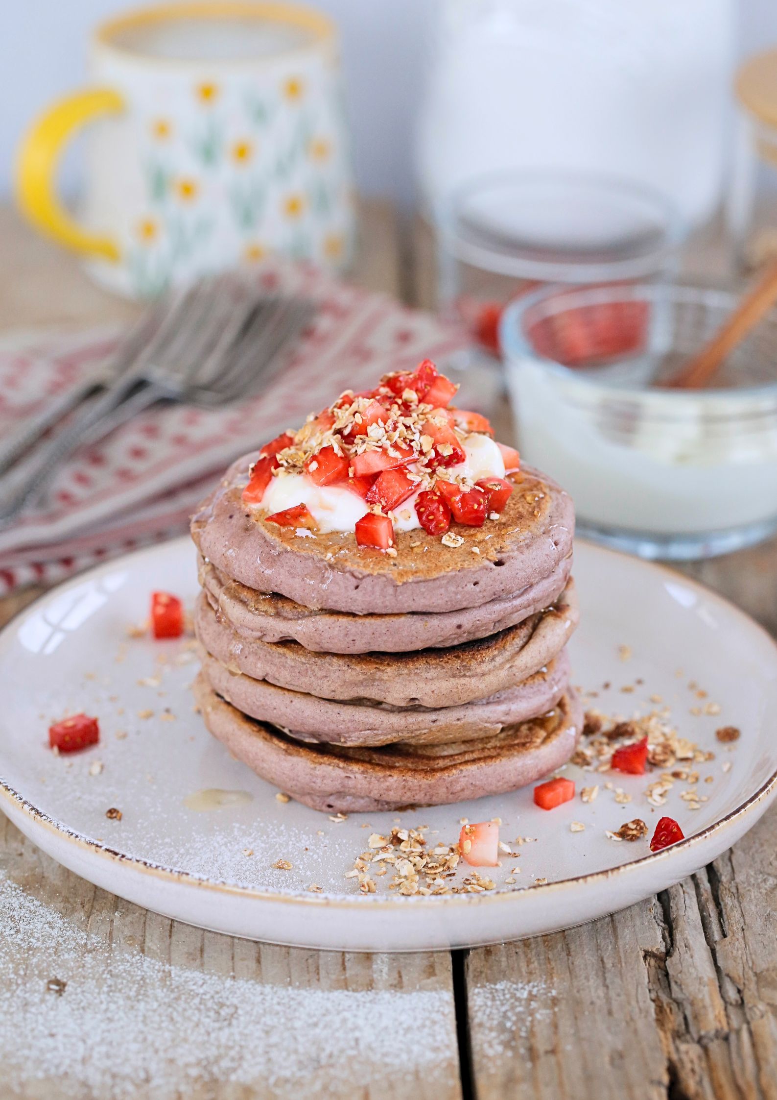 Worth getting out of bed for, these crisp, fluffy vegan strawberry pancakes are blended with fresh strawberries in the pancake batter as well as extra sliced strawberries added as you cook them. Serve with vegan yoghurt and a drizzle of maple syrup for a perfect plant based breakfast