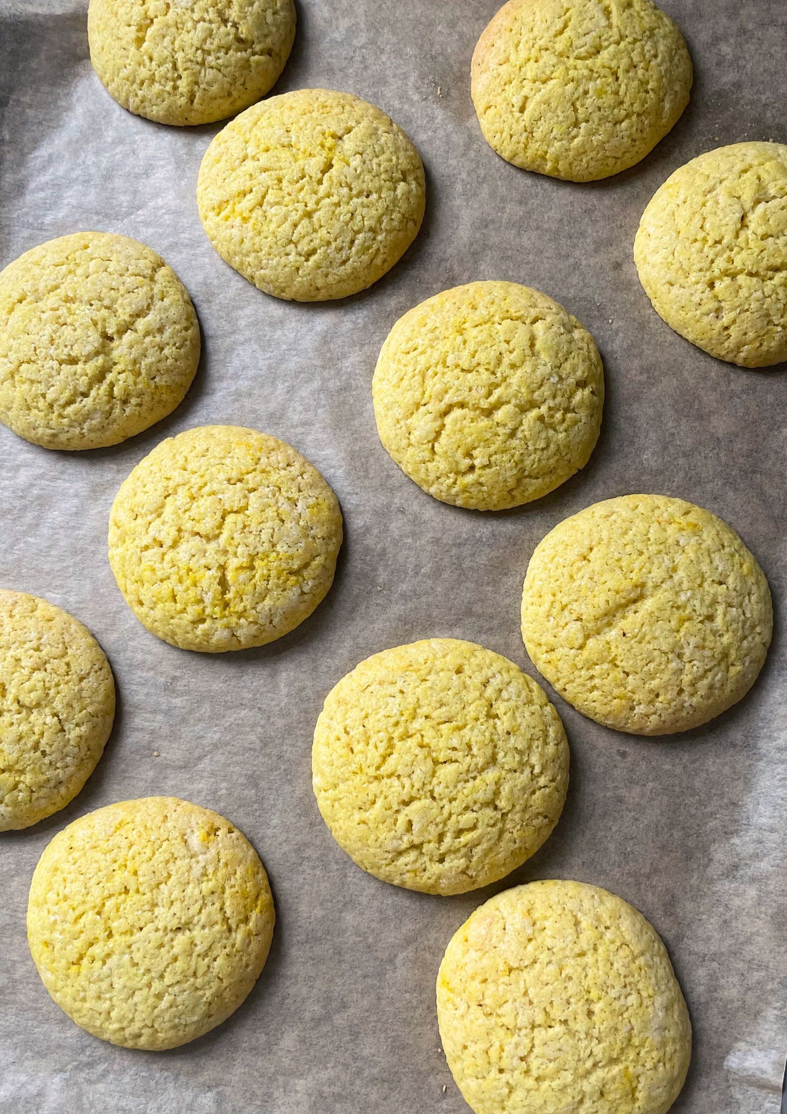 Flat lay of freshly baked crinkly topped baked yellow cookies on a tray